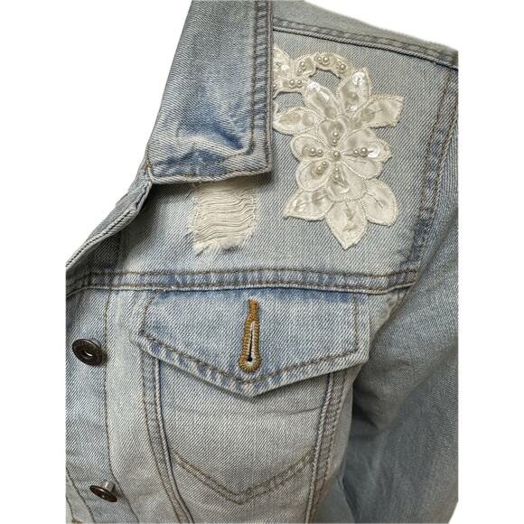 Upcycled Denim Jacket Pink Lace Hem & Back Panel Large - Picture 4 of 9